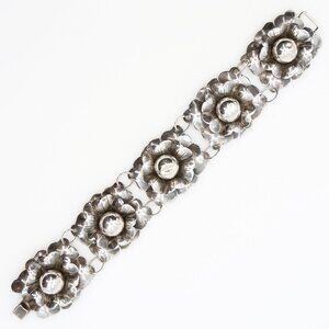Vintage Mexican Silver Large Cabbage Floral Five Link Chunky Bracelet 1940s